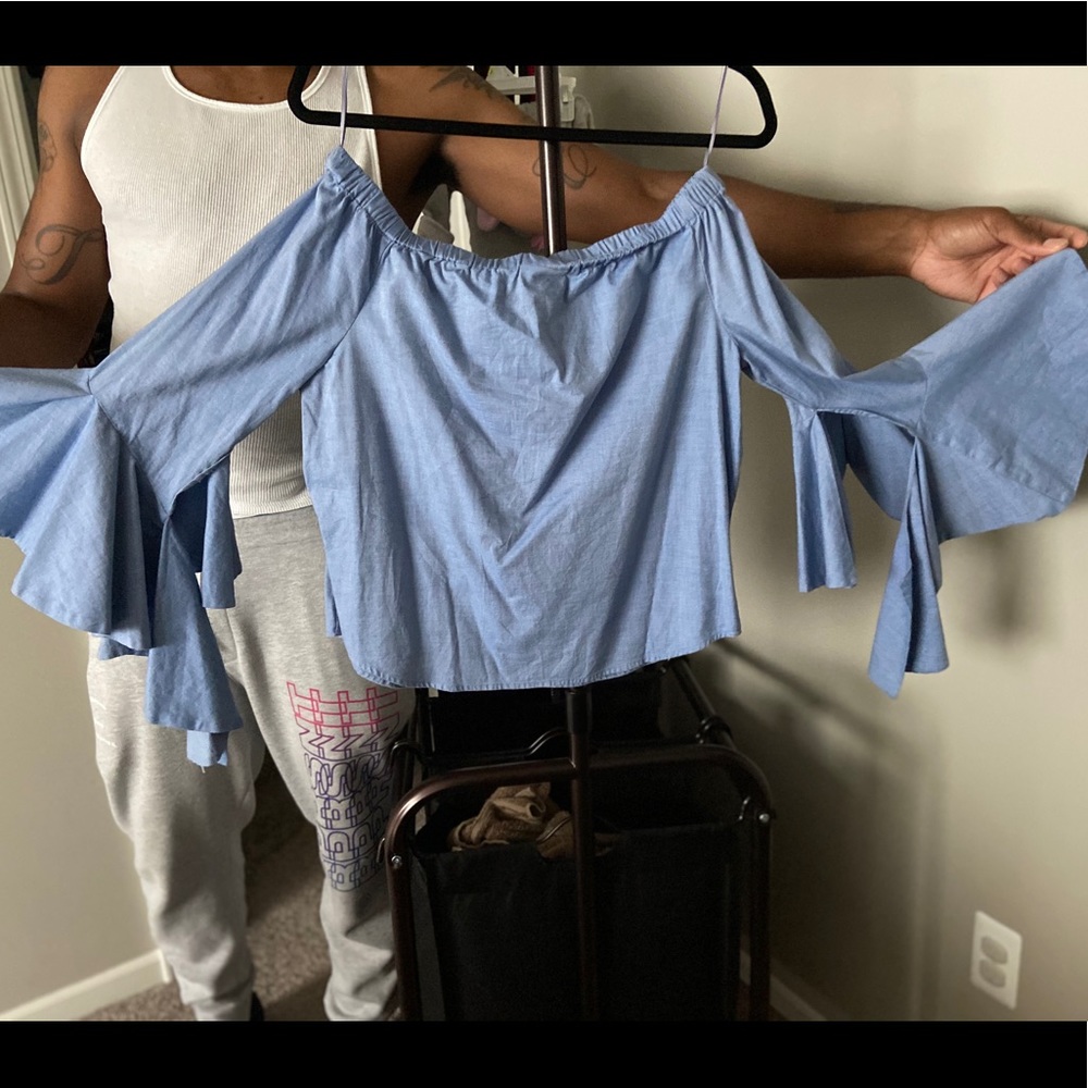 Off the shoulder flared arms blue top